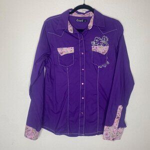 Cruel Womens Western Shirt L Pearl Snap Purple Embroidered Long Sleeve Western R